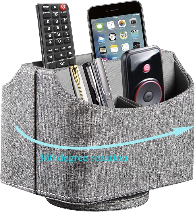 RHCSZ Leather Remote Control Holder 360 Degree Spinning, Desk Organizer for TV Remote Controllers, Caddy,Pen,Calculator,Media Player Storage box (Grey)