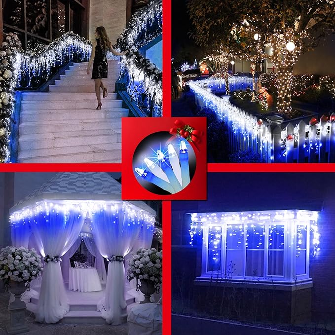 792 LED Christmas Outdoor Lights with 176 Drops, 82ft Hanging Curtain Lights 8 Modes, Christmas Fairy Lighs with Timer & Memory for House Roof Holiday Wedding ChristmasDecor Blue & Cool White