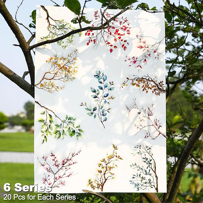 MiyouLuna 120Pcs Botanical PET Stickers, Branch and Leaf Designs for Scrapbooking Waterproof Journaling Supplies Junk Journal Ephemera with Storage Organizer