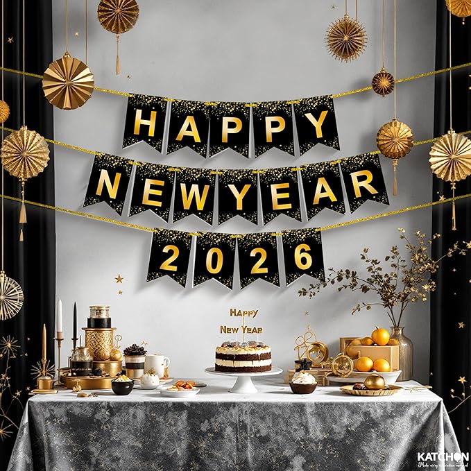 KatchOn, Happy New Year Banner - Large 10 Feet | New Year Sign for New Years Decorations 2026 | New Year's Garland for New Years Eve Party Supplies 2026 | NYE Decorations 2026