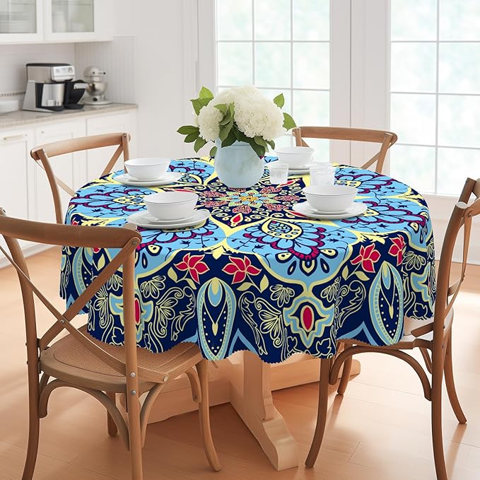 Eikione Round Tablecloth, Boho Tablecloth Waterproof and Wrinkle-Free, Boho Table Covers, Summer Decorations for Home 70inch