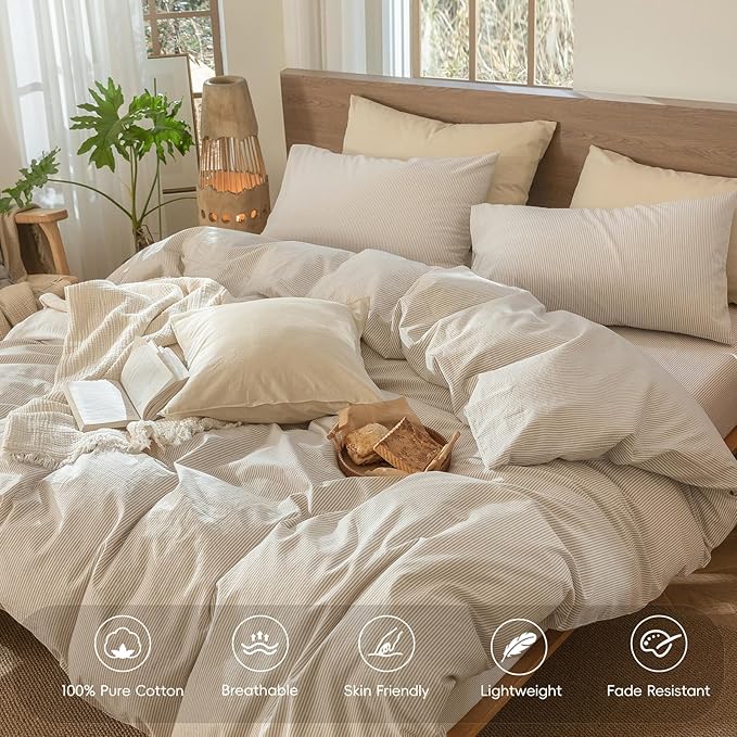 MooMee Striped Duvet Cover Set 100% Washed Cotton Linen Like Textured Breathable Durable Soft Comfy (Tannish Linen Grey White Pinstripes, Cal King 104"x98")