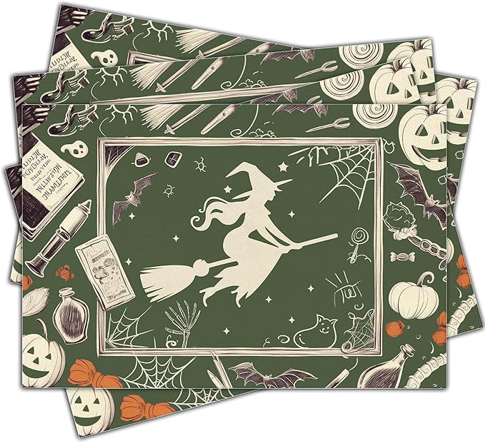 Halloween Bat Placemats Set of 4, 12x18 Inch Pumpkin Witch Table Mats, Washable Heat Resistant Place Mats for Kitchen Dining Table, Halloween Spooky Themed Decoration for Home-B10