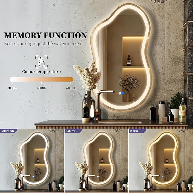 Irregular LED Bathroom Mirror with Lights, Cloud Smart Backlit Mirror, Dimmable Lighted Bathroom Gold Mirror with Anti-Fog, Asymmetrical Vanity Mirror Hangable 2 Ways (Gold, 24 x 36, 2 Pack)