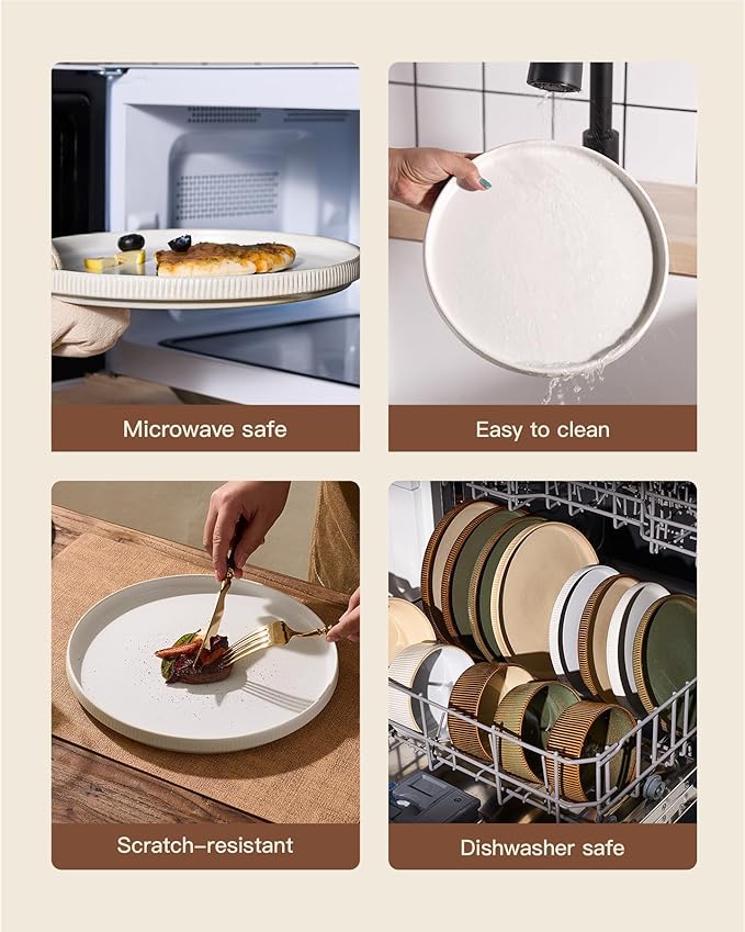8-Piece Ceramic Plates and Bowls Sets for 4, Matte White | Handcrafted reactive glaze stoneware dinnerware. Chip & scratch resistant. Microwave & dishwasher safe. Everyday/formal use.