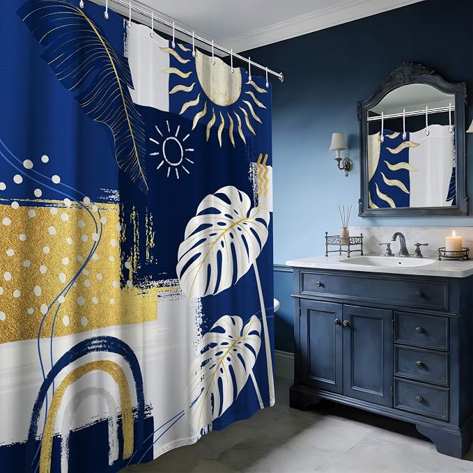 Extra Long Shower Curtain 96 Inchs Extra Tall Blue and White XL Navy Blue and Gold Abstract Shower Curtains for Large Bathroom Decor Sets, Waterproof Cloth Fabric with Hooks, 70 x 96 Inch