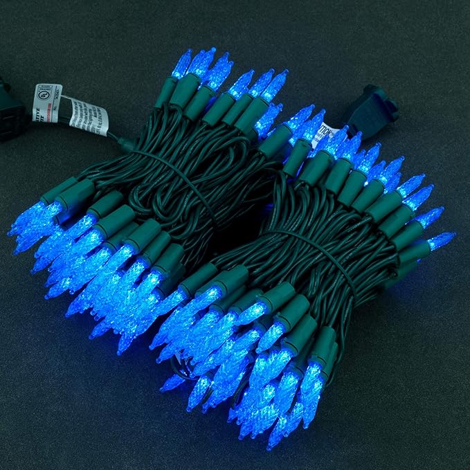 YULETIME Blue Faceted LED Christmas Lights 200 Count 50 ft, Pack of 2 Strands 25 ft 100 Lights UL Certified Commercial Grade Green Wire Holiday String Light Set (Blue)