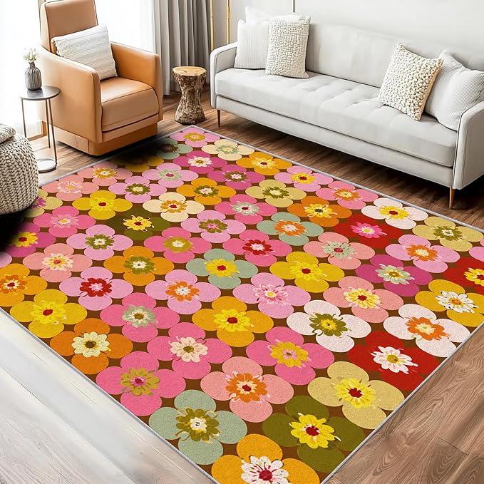 70s Floral Rugs 6x9, Retro Colorful Groovy Washable 6 x 9 Area Rug for Living Room, Bedroom, Low Pile Non Slip Stain Resistant Carpet, 70s Retro Home Decor Accessories & M846