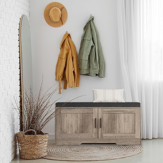 2-Tier Storage Bench, Shoe Bench with Thickened Padded Seat Cushion, Entryway Bench with 2 Doors, Adjustable Shelf, 13.8" D x 37.4" W x 18.5" H, for Entryway, Living Room, Bedroom, Greige