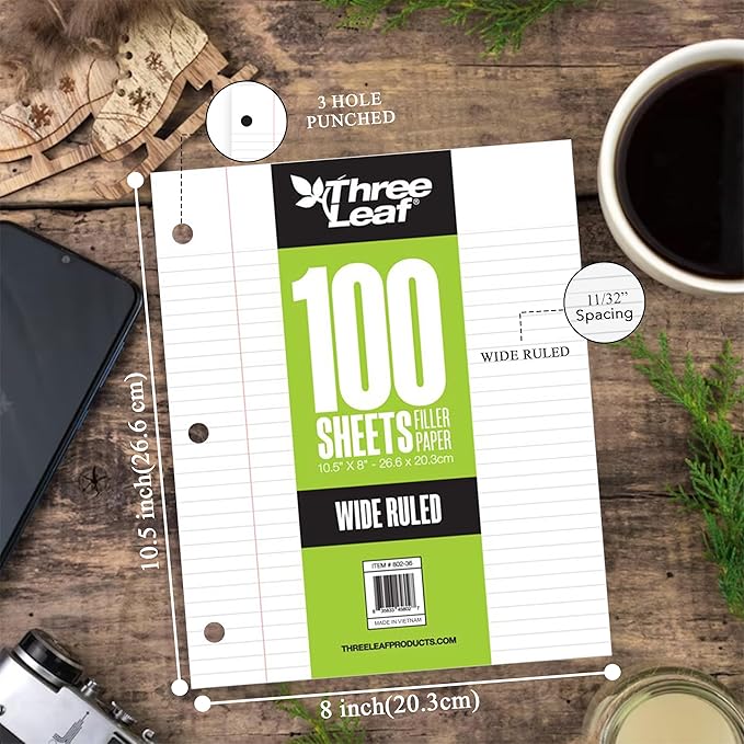 THREE LEAF 100 SHEETS WIDE RULED FILLER PAPER, PACK OF 24, LOOSE-LEAF SHEETS FOR SCHOOL AND OFFICE 100 CT. FILLER PAPER, NOTEBOOK PAPER
