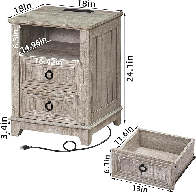 18" Farmhouse Night Stands Set of 2 with Charging Station, 2 Drawers End Table Dresser for Bedroom, Oak Wooden Nightstand, Bed Side Table with Open Shelf, Bedside Cabinet for Living Room
