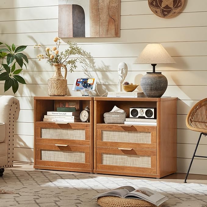 LEYAOYAO Rattan Night Stand with Charger Station, 23" Wide Boho Nightstand with 2 Drawers, Natural Wood Bedside Table Open Storage Cabinet, Bed Side End Tables Dresser for Bedroom, Living Room Hallway