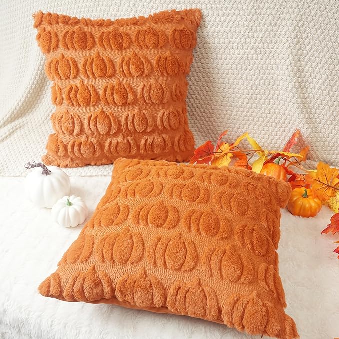 GEEORY Fall Pillow Covers 18 x 18 Inch Set of 2, Fall Decorations Pumpkins Soft Plush Fluffy Faux Fur Wool Decorative Autumn Farmhouse Cushion Case for Sofa Orange GC018-18