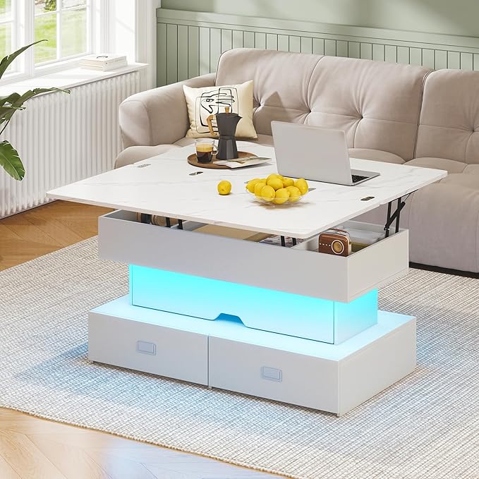 Turosur 40" Lift Top Coffee Table, Coffee Tables with Storage and 4 Drawer, Coffee Table with Lifting top with LED Lights for Living Room Home Office