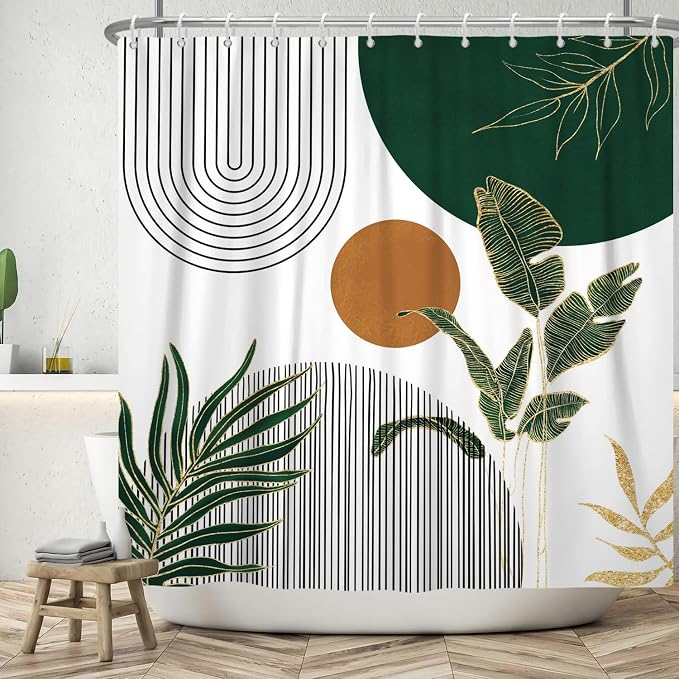 Mid Century Boho Modern Shower Curtain for Bathroom Abstract Sun Arch Geometric Leaves Minimalist Shower Curtain Set Waterproof Polyester Fabric 72x78 Inches