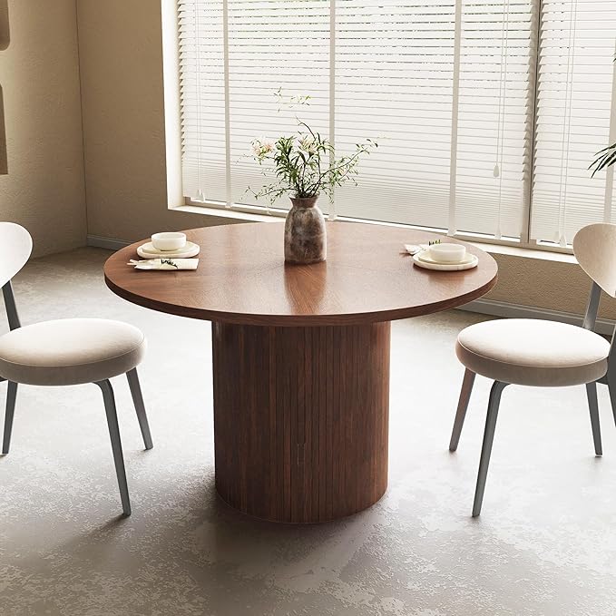 Round Dining Table for 4, Modern Farmhouse Kitchen Table, 47 Inch Small Circle Dining Tables with Wood Strip Base for Kitchen Living Room (Walnut)