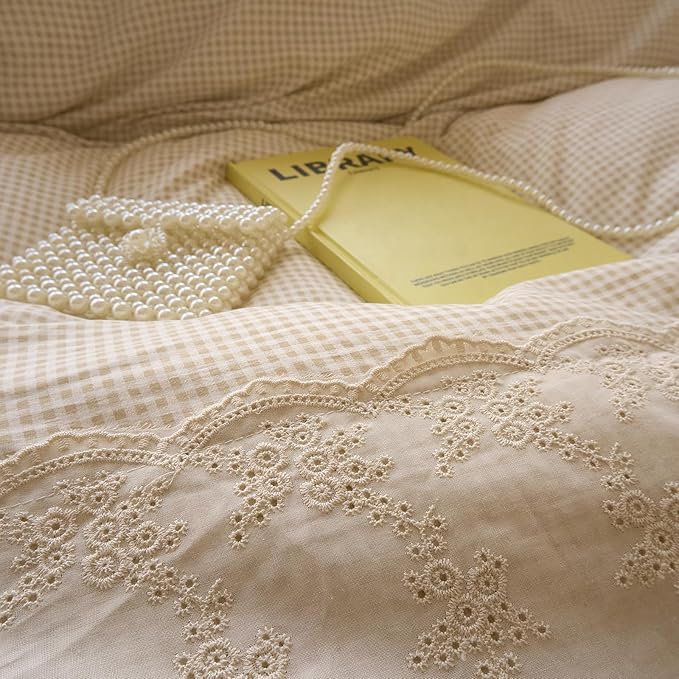 LifeTB Tan Gingham Duvet Cover Queen 3 Pieces Romantic Lace Duvet Cover Vintage Plaid Checkered Comforter Cover with 2 Pillowcases Soft Microfiber Beige Tan Grid Farmhouse Plaid Bedding Set