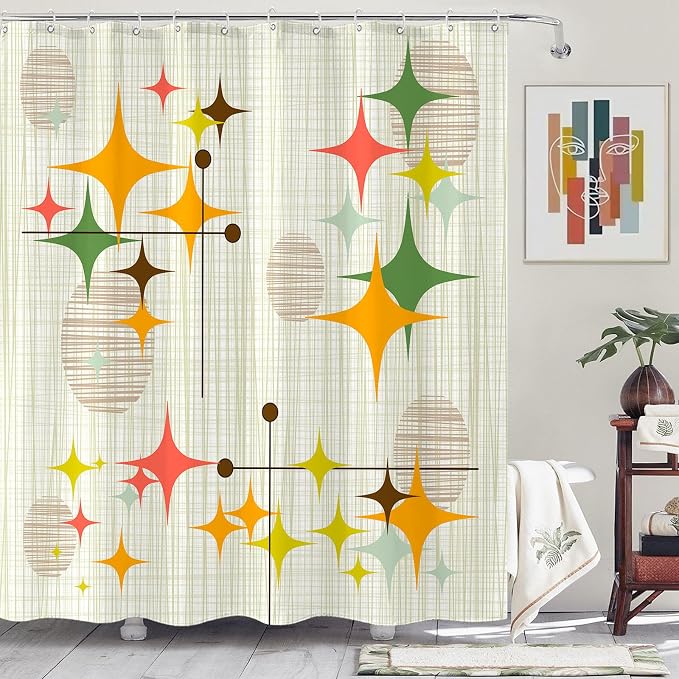 Mid Century Modern Shower Curtain Retro Stars Shower Curtains for Bathroom Abstract Vintage Boho Art Waterproof Fabric Bath Curtain Decor with Hooks (Yellow1, 72'' x 72'')