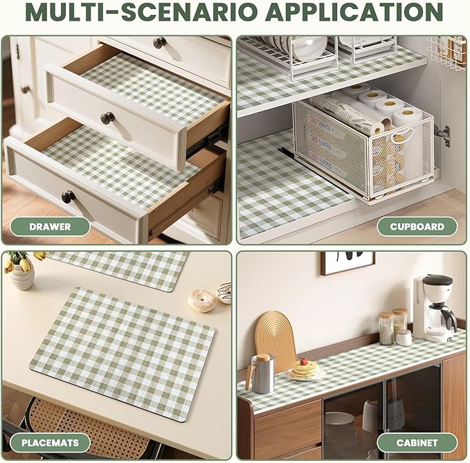 Drawer Liner and Shelf Liner for Kitchen Cabinet Liner Non-Adhesive Non-Slip Shelf Paper, Thick Strong Grip Waterproof Easy to Clean for Shelves, Cupboard, Desks, Green Plaid Pattern, 17.5 in x 30 FT