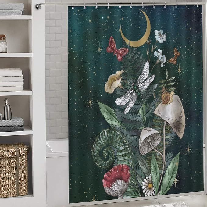 Mushroom Shower Curtain for Bathroom, Fairy Botanical Mushroom Cottagecore Gothic Moth Moon Star Nature Plants Herbs Retro Vintage VWaterproof Fabric Shower Curtain Set with Hooks, 72"x78" Inch