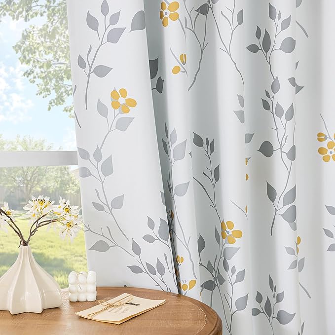 Beauoop Floral 100% Blackout Curtains 63 Inch Length 2 Panels for Bedroom Living Room Yellow Grey and White Flower Patterned Room Darkening Thermal Soundproof Grommet Window Treatments Drapes, 52X63