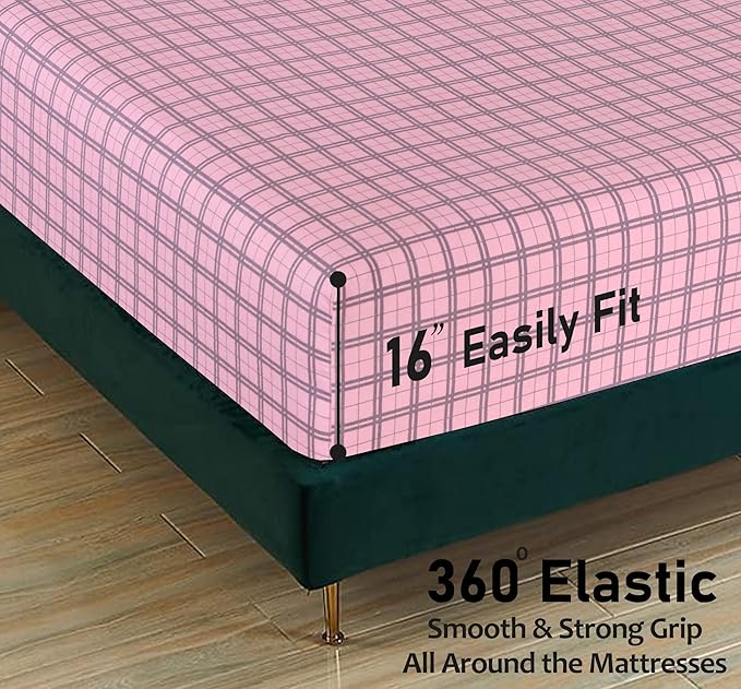 RUVANTI Flannel Sheets King Size - 100% Cotton Brushed King Size Sheets Set - Deep Pockets 16 Inches Bed Sheets - All Seasons Breathable & Extra Soft - Warm & Cozy, 4 Piece, Check & Bolt Pink