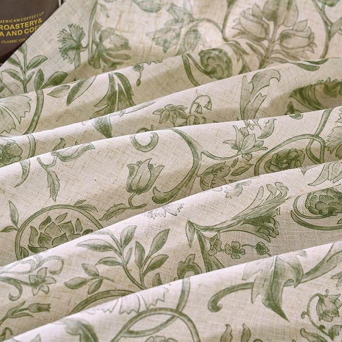 jinchan Linen Floral Curtains for Living Room with Printed Flower 63 Inches Long Light Filtering Farmhouse Window Treatment Vintage Short Drapes Back Tab Rod Pocket 2 Panels Green on Beige