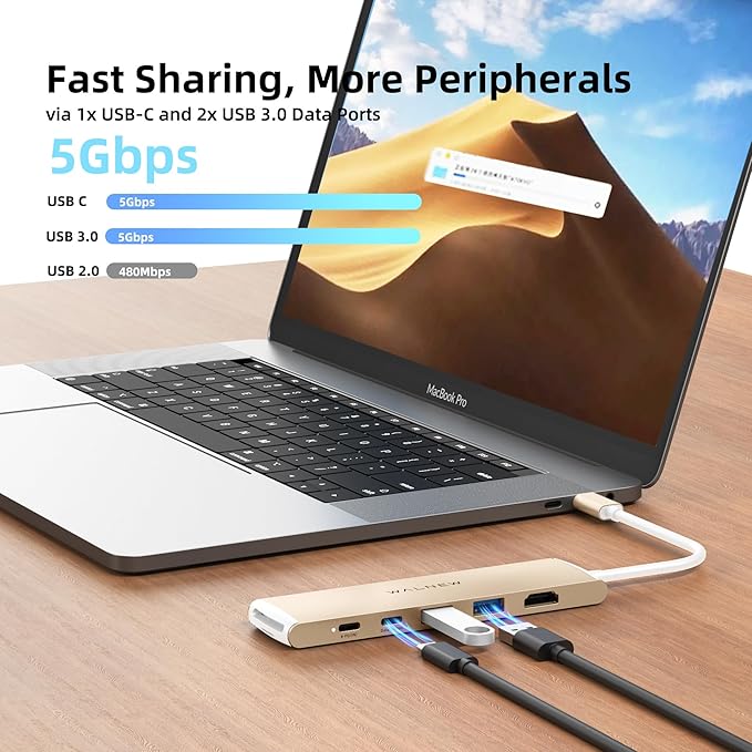 WALNEW 7 in 1 USB-C Hub with 4K HDMI,100W PD,5Gbps Data Port(1 Type-C & 2 USB 3.0),SD/TF Reader, Thunderbolt 4 Dock Multiport Adapter for MacBook Pro Air,Mac,iPad 10/Mini 6,Surface (Starlight)