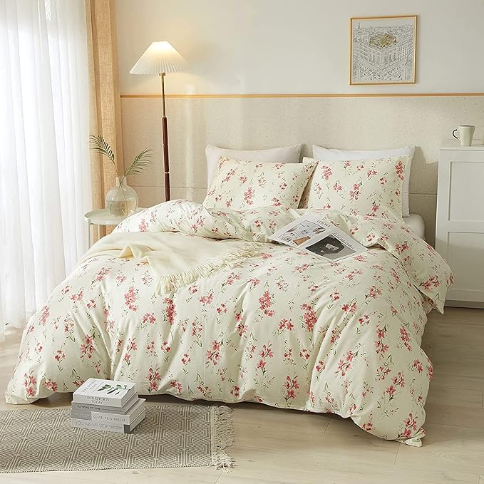 Garden Pink Floral Comforter Set Queen Soft Microfiber Girls Pink Floral Bedding Comforter with 2 Pillowcases Vintage Flowers Botanical Comforter Set for All Seasons Fluffy Lightweight Bedding Set