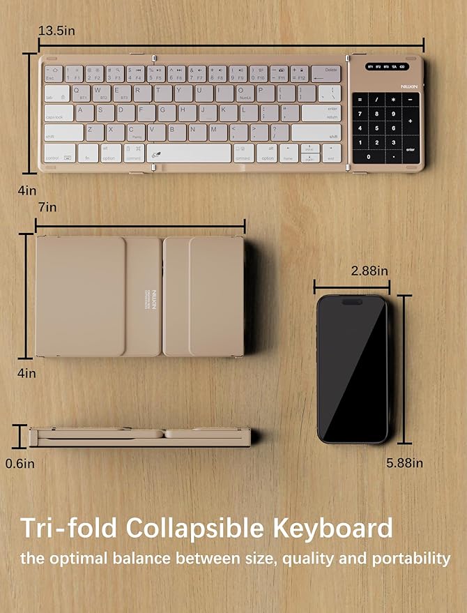 Nillkin Upgraded Foldable Bluetooth Keyboard with Touchpad & Number Pad, Portable Wireless Keyboard for Travel, Pocket-Sized, Full Size Keys, Support 3 Devices for iPad Laptop Tablets Phone, Khaki