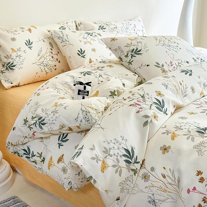 Cotton Duvet Cover King Botanical Bedding Set Yellow Floral Duvet Cover Set King Cottagecore Coquette Comforter Cover with Zipper,Garden Style Green Branches Bedding Duvet Cover Chic King 3 Piece
