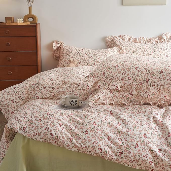 Pink Flower Duvet Cover Set Twin XL 100% Cotton Cute Floral Duvet Cover with Ruffle Pillowcases Girls Cottagecore Bedding Set Aesthetic Garden Style Flower Blooming Comforter Cover with Zipper Closure