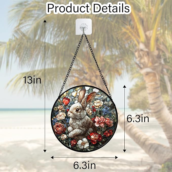 Stained Glass Window Hanging - Cute Rabbit Flowers Suncatcher Ready to Hang Window Doors Home Decoration, Christmas, Mother's Day Birthday Gifts for Women, Men, and Mom 6.3x6.3 in