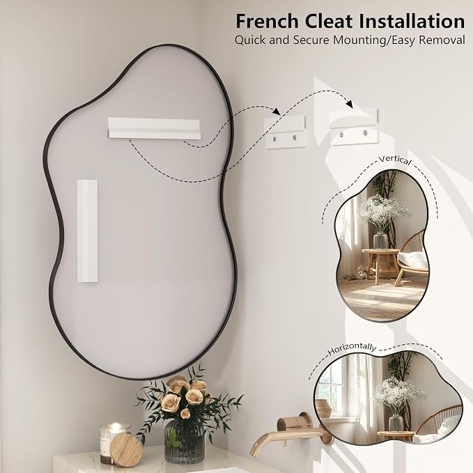 60x32 Black Matte Irregular Wall Mirror, Large Black Asymmetrical Bathroom Mirror, Decorative Aluminum Frame for Bathroom Bedroom, Shatterproof, Anti-Rust (Horizontally/Vertically)