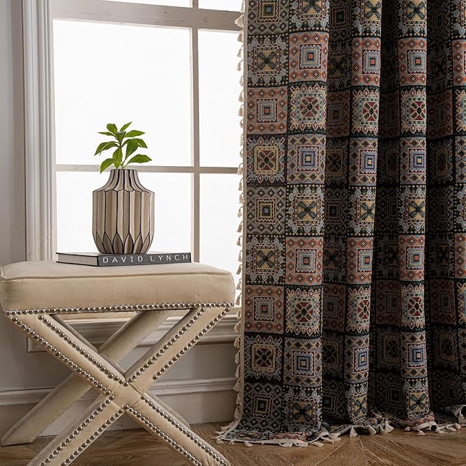 ENJOYBRIDAL Patchwork 96 Inch Curtains for Bedroom Living Room Drapes Jacquard Bohemian Semi Sheer Long Window Curtains 2 Panel Sets Vintage Geometric Black Rod Pocket Boho Window Treatments