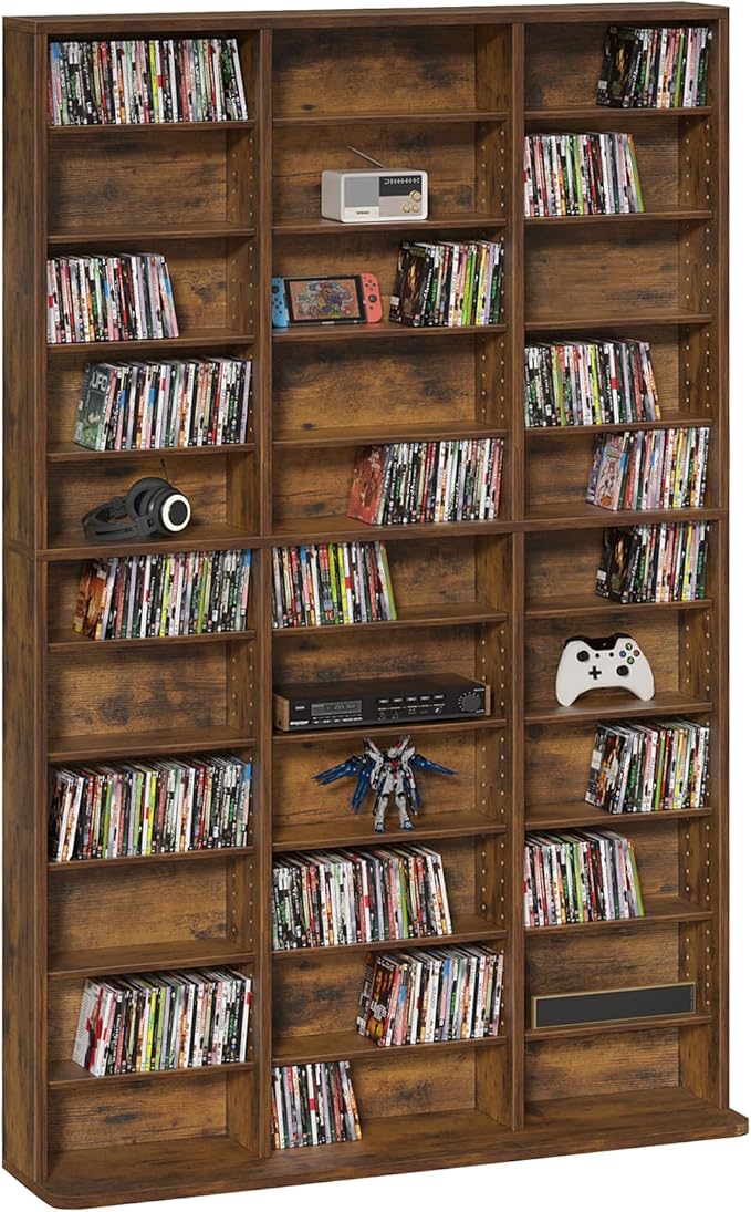 LELELINKY 11 Tier Tall Display Cabinet, Brown Media Storage Cabinet with Adjustable Shelves, Free Standing DVD Organizer Shelf, Floor Multimedia Storage Manga Bookshelf for Living Room & Home Office.
