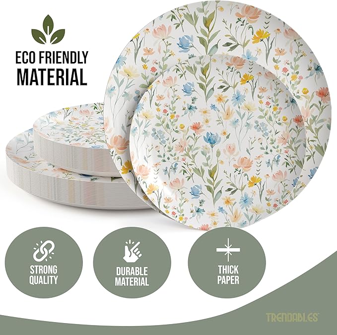 Trendables Heavy Duty Paper Plates Set For 16 Guests - 16 Each Of 8-inch And 10-inch Disposable Plates For Party - Fancy 32 Piece Dinnerware Set For All Occasions | Floral Design, Petite Fleur
