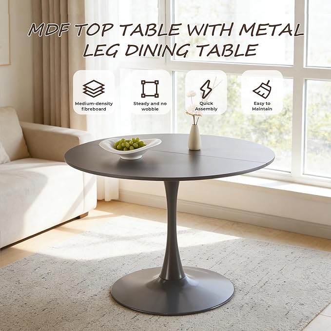 KEIKI 42.1" Round Dining Table, Mid Century Modern Bistro Table with Thickened MDF Tabletop & Metal Pedestal, for 4-6 People, Small Places, Cafe, Kitchen, Living Room, Grey