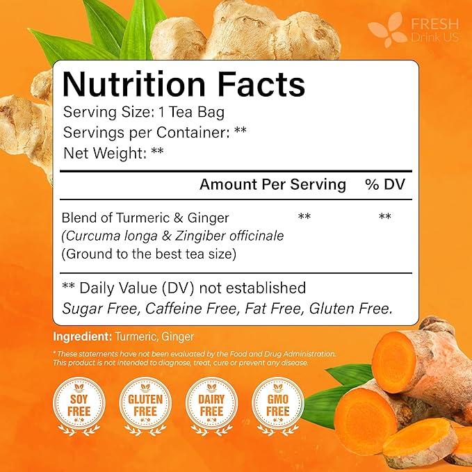 FreshDrinkUS, Premium 85 Ginger Turmeric Tea Bags, 100% Natural Ingredients, Hand-made Blend of Ginger and Turmeric Herbal Tea, Eco-conscious Tea Bags. No Sugar, No Caffeine, No Gluten, Vegan.