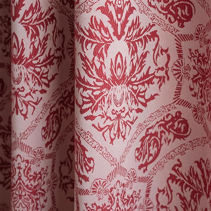 ENJOYBRIDAL Red Damask Curtains 96 Inches Living Room Bedroom Drapes 2 Panel Sets Vintage Semi Sheer Long Window Curtain Panels Dining Room Rod Pocket Jacquard Medallion Patterned Window Treatments