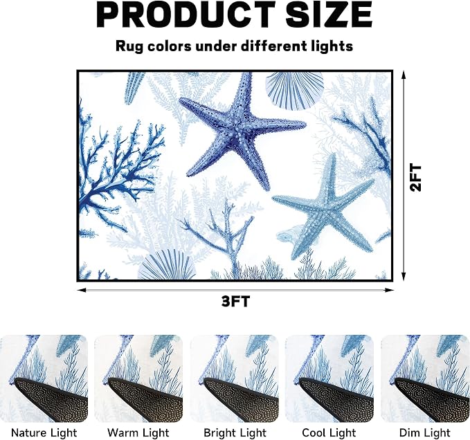 Coastal Starfish Rug 2'x3' Blue Ocean Area Rug Coral Seashell Floor Mat Washable Low Pile Carpet for Entryway Bedroom Living Room Kitchen Home Decor
