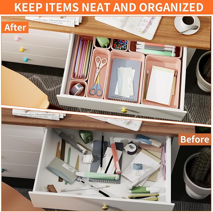 45 Pack Pink Plastic Drawer Organizer Trays - 3-Size Storage for Kitchen, Bathroom, Office, Vanity, Makeup, Utensils, Junk Drawer Organizer Bins, Gadget Trays