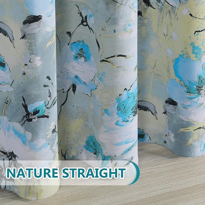 MYSKY HOME Bule Floral Curtains 63 inch Length 2 Panels Printed Curtains for Bedroom Living Room Darkening Thermal Insulated Curtains Vintage Flower Grommet Curtains Teal and Blue