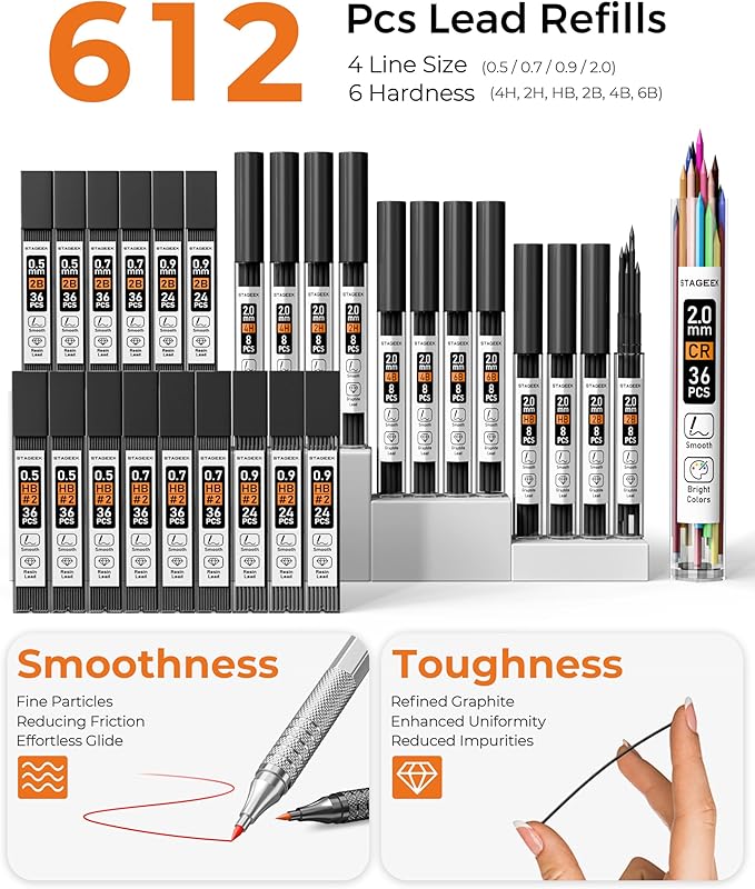 STAGEEK 45PCS Black & Silver Metal Mechanical Pencil Set in Leather Case, 0.5, 0.7, 0.9, 2.0mm Drafting Pencils with 28 Tubes(6B 4B 2B HB 2H 4H & Colors)Lead Refills for Art Drawing, Sketching,Writing