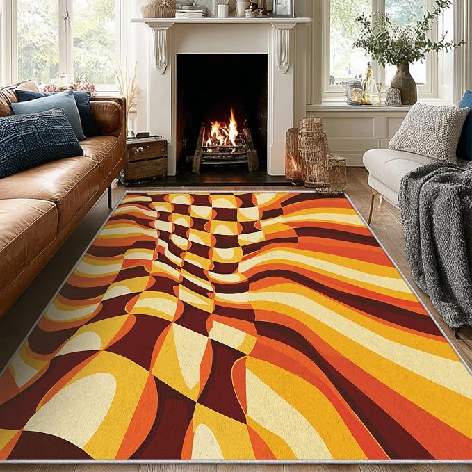 70s Retro Rugs 4x5, Orange Brown Abstract Washable 4 x 5 Area Rug for Living Room, Bedroom, Low Pile Non Slip Stain Resistant Carpet, 70s Orange Home Decor Accessories & M830