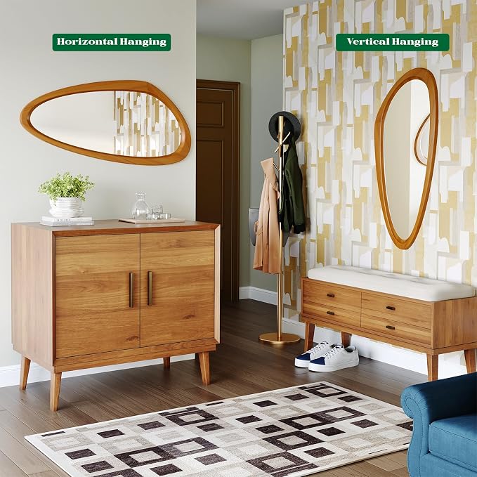 Asymmetrical Wall Mirror, 19x30 InchMid Century Modern Mirrors | Irregular Wall Mirror with Pine Wooden Frame for Living Room Bedroom Bathroom Entryway Hangs Horizontally or Vertically
