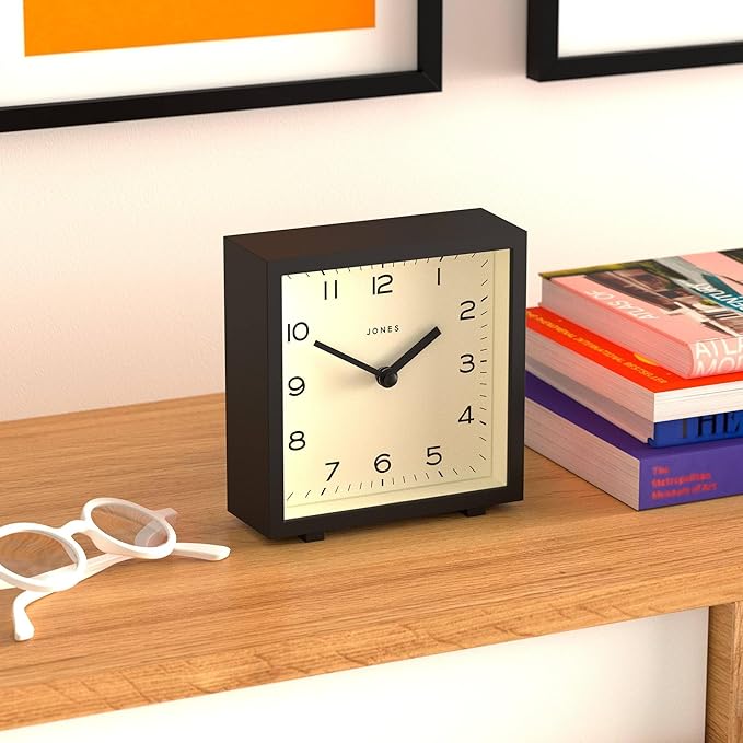 JONES CLOCKS® Disco Desk Clock | Sleek Square Design | Black | Stylish and Easy to Read for Shelf, Table, Mantel or Bedside