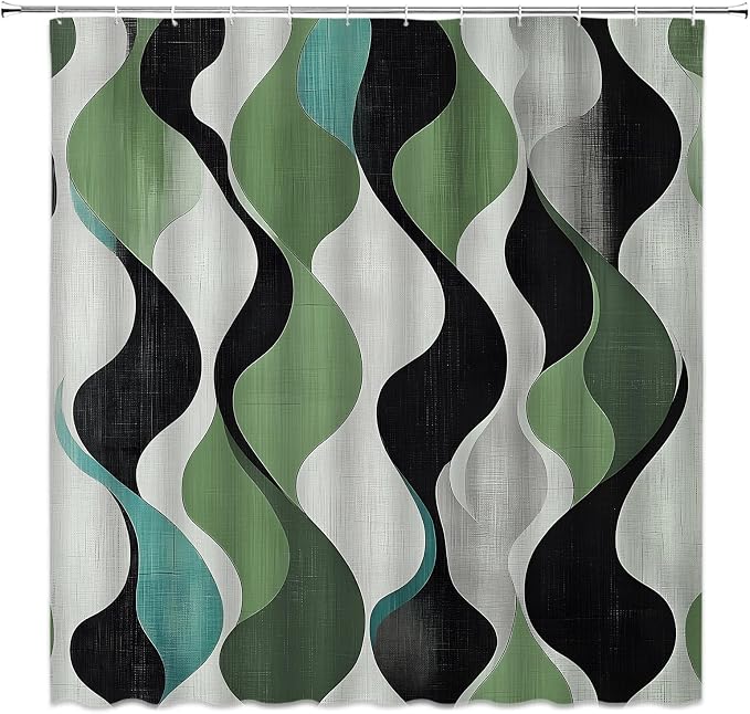 Mid Century Shower Curtain Boho Minimalist Modern Abstract Aesthetic Geometric Striped Atomic Retro Earthy Fabric Bathroom Decor Set with Hooks(47" WX70 H)