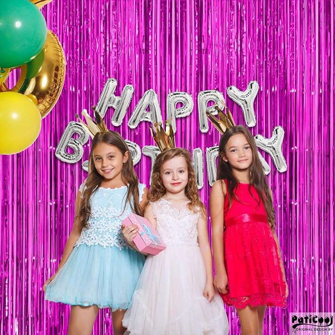 Thicken Hot Pink Streamers 4 Pack 3.2x8.2 FT, Pink Birthday Decrorations Tinsel Backdrop Curtains, Foil Fringe Photo Backdrop for Bachelorette, Graduation, Summer Hawaiian Party Decorations