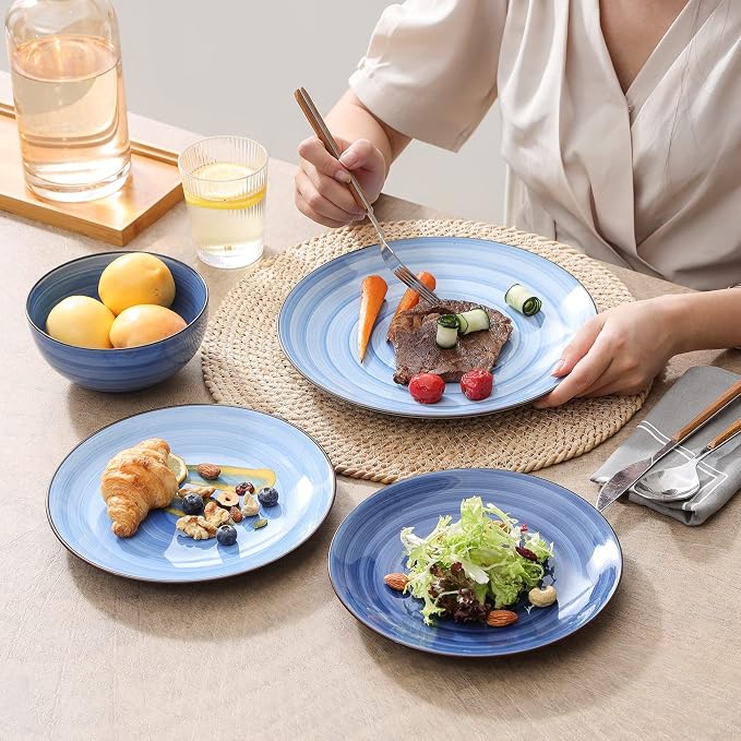 Selamica Ceramic Dinnerware Sets, 12 Pieces Plates and Bowls Sets, Scratch Resistant Dishes Set for 4, Handpainted Swirl Dishware Sets with Spray Black Dots, Dishwasher&Microwave Safe, Gradient Blue